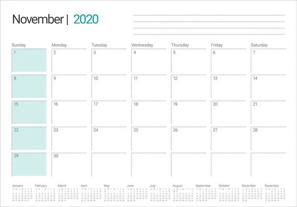 2020 年 11 月桌面日历矢量插图 — 图库矢量图片