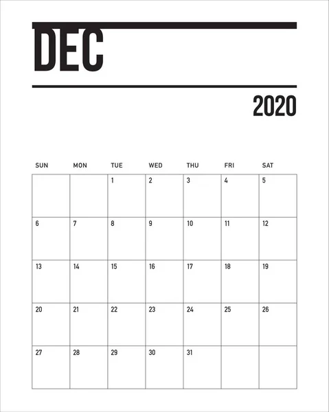 Dezembro 2020 mesa calendário vetor ilustração — Vetor de Stock