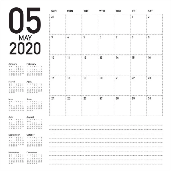 Mayo 2020 escritorio calendario vector ilustración — Vector de stock