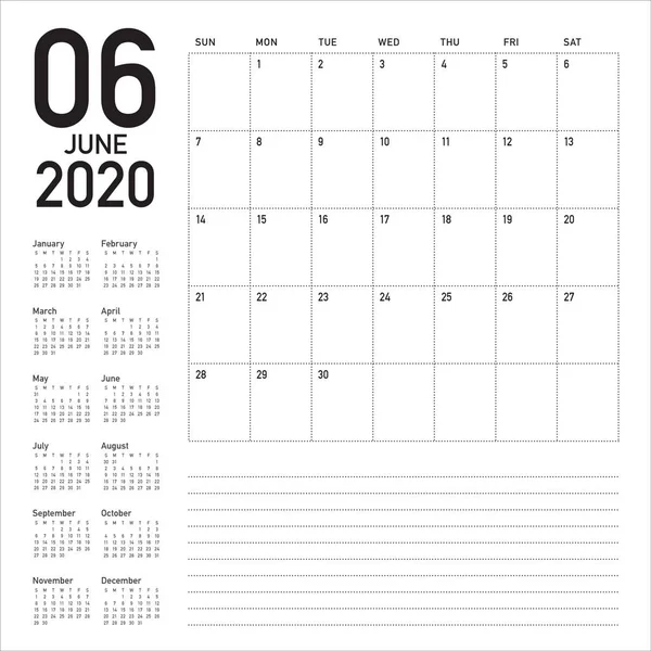 Junio 2020 escritorio calendario vector ilustración — Vector de stock