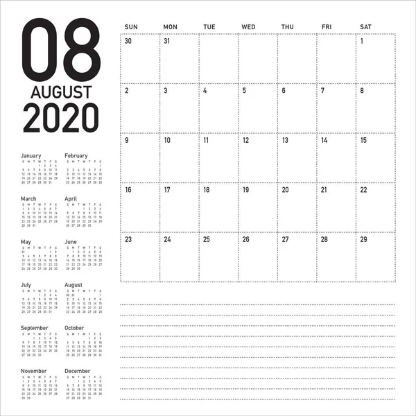 Augustus 2020 bureaukalender vector illustratie — Stockvector