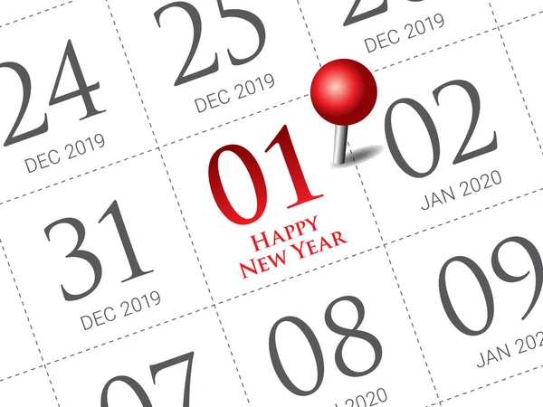 Κλείσιμο της πρώτης ημέρας του έτους 2020 στο ημερολόγιο ημερολογίου. — Διανυσματικό Αρχείο