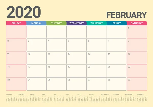 Febrero 2020 escritorio calendario vector ilustración — Archivo Imágenes Vectoriales