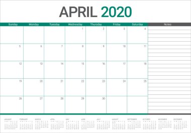 Nisan 2020 masa takvimi vektör illüstrasyon