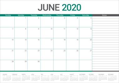 Haziran 2020 masa takvimi vektör illüstrasyon