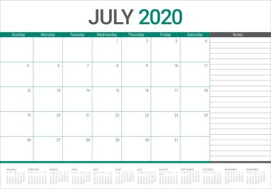 Temmuz 2020 masa takvimi vektör illüstrasyon