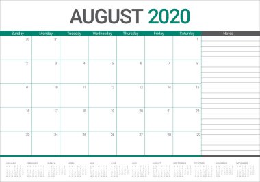 Ağustos 2020 masa takvimi vektör illüstrasyon