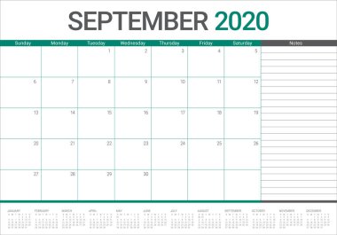 Eylül 2020 masa takvimi vektör illüstrasyon