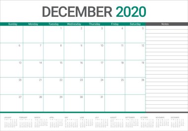 Aralık 2020 masa takvimi vektör illüstrasyon