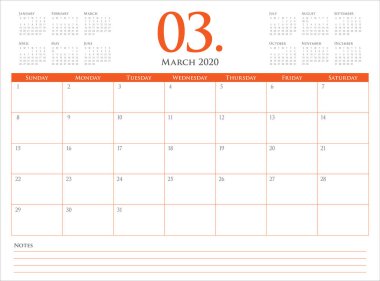 Mart 2020 masa takvimi vektör illüstrasyon