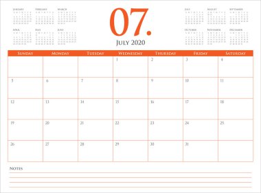 Temmuz 2020 masa takvimi vektör illüstrasyon