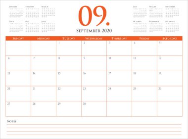 Eylül 2020 masa takvimi vektör illüstrasyon