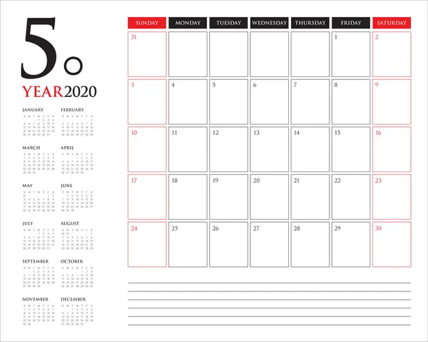 Mayo 2020 escritorio calendario vector ilustración — Vector de stock