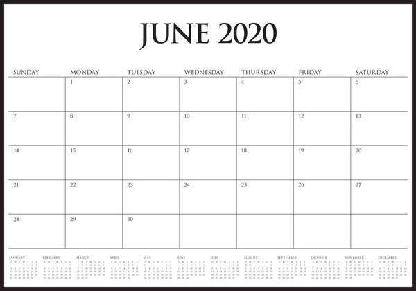 June 2020 desk calendar vector illustration