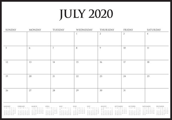 July 2020 desk calendar vector illustration