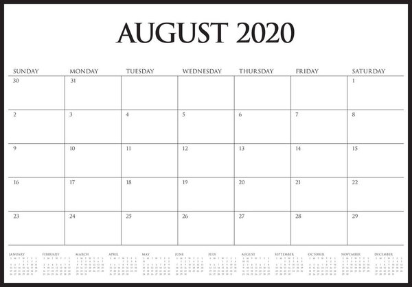 August 2020 desk calendar vector illustration