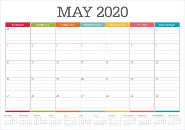 Mayıs 2020 masa takvimi vektör illüstrasyon