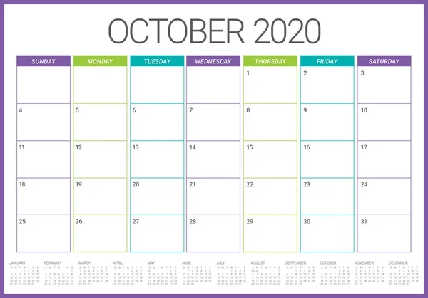 Oktober 2020 skrivbord Kalender vektor illustration — Stock vektor