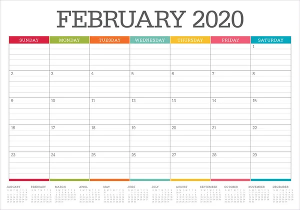 Februarie 2020 calendar birou vector ilustrare — Vector de stoc
