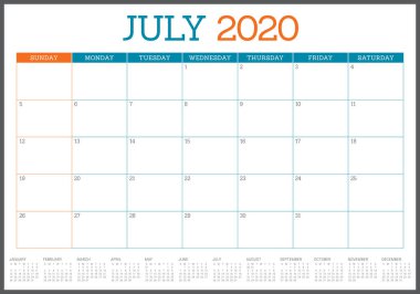Temmuz 2020 masa takvimi vektör illüstrasyon
