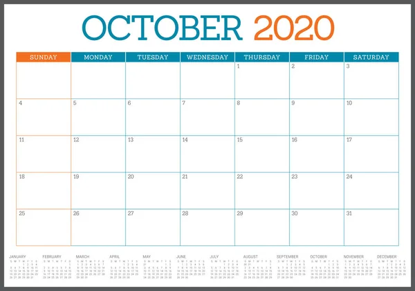 Octubre 2020 escritorio calendario vector ilustración — Vector de stock