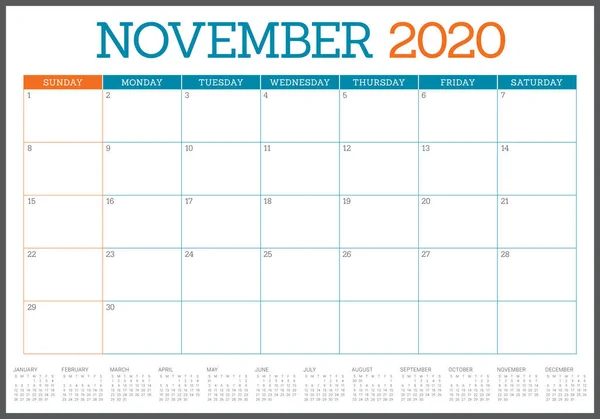 Listopad 2020 biurko kalendarz ilustracja wektor — Wektor stockowy