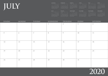Temmuz 2020 masa takvimi vektör illüstrasyon