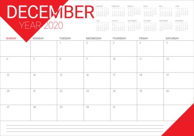 Aralık 2020 masa takvimi vektör illüstrasyon
