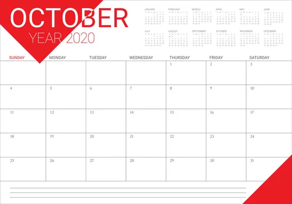 Octubre 2020 escritorio calendario vector ilustración — Vector de stock