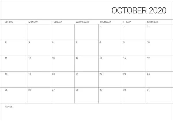 Ukázka vektorového kalendáře 2020 z října — Stockový vektor
