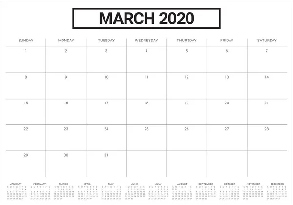 March 2020 desk calendar vector illustration — Stock Vector