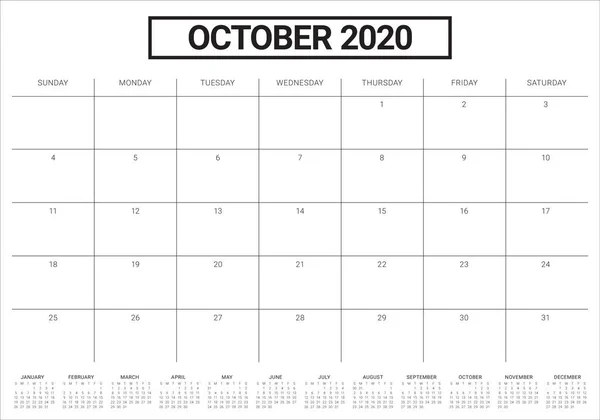 Octubre 2020 escritorio calendario vector ilustración — Vector de stock