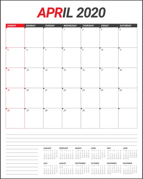 Abril 2020 escritorio calendario vector ilustración — Vector de stock