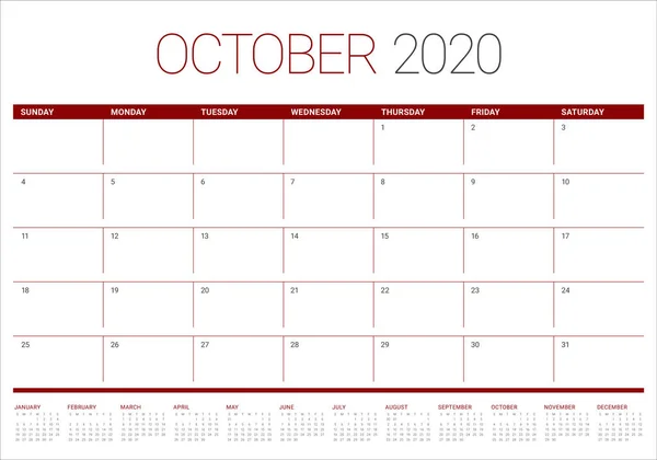 Octubre 2020 escritorio calendario vector ilustración — Vector de stock