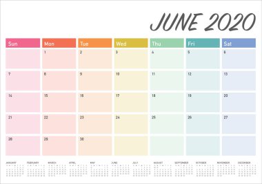 Haziran 2020 masa takvimi vektör illüstrasyon