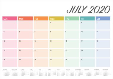 Temmuz 2020 masa takvimi vektör illüstrasyon