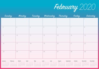 Şubat 2020 masa takvimi vektör illüstrasyon