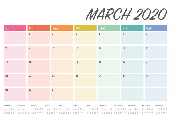 Calendrier de bureau mars 2020 illustration vectorielle — Image vectorielle