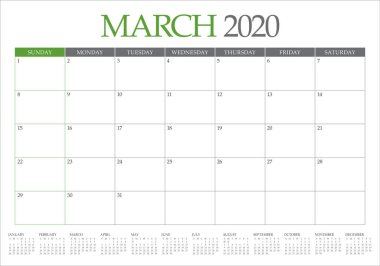 Mart 2020 masa takvimi vektör illüstrasyon
