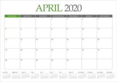 Nisan 2020 masa takvimi vektör illüstrasyon