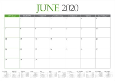 Haziran 2020 masa takvimi vektör illüstrasyon