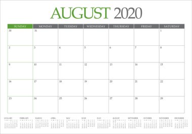 Ağustos 2020 masa takvimi vektör illüstrasyon