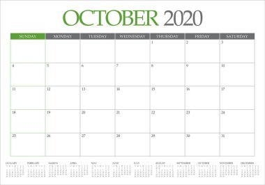 Ekim 2020 masa takvimi vektör illüstrasyon