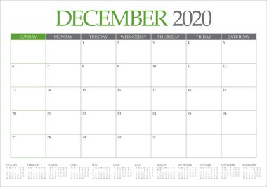 Aralık 2020 masa takvimi vektör illüstrasyon
