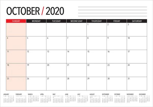 2020 年 10 月桌面日历矢量插图 — 图库矢量图片