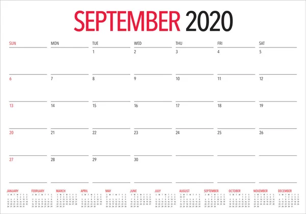 Septiembre 2020 escritorio calendario vector ilustración — Vector de stock