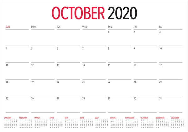 Oktober 2020 bureaukalender vector illustratie — Stockvector
