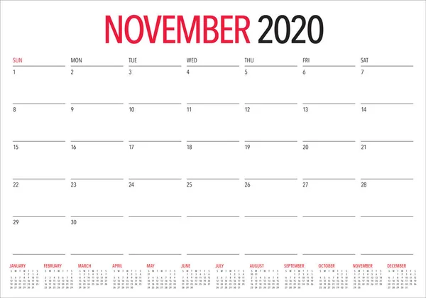 2020 年 11 月桌面日历矢量插图 — 图库矢量图片