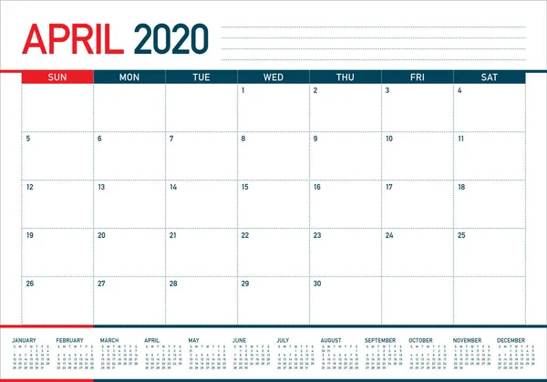 Kwiecień 2020 biurko kalendarz ilustracja wektor — Wektor stockowy