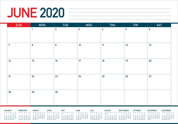 Czerwiec 2020 biurko kalendarz ilustracja wektor — Wektor stockowy
